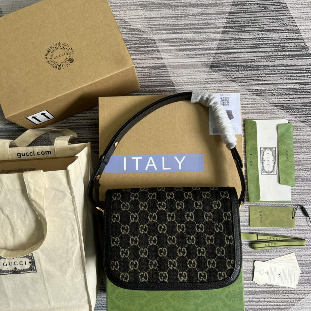 Gucci Horsebit 1955 shoulder bag 602204 Black and ivory GG denim jacquard | gucci 602204 horsebit 1955 shoulder bag black and ivory gg denim jacquard 02
