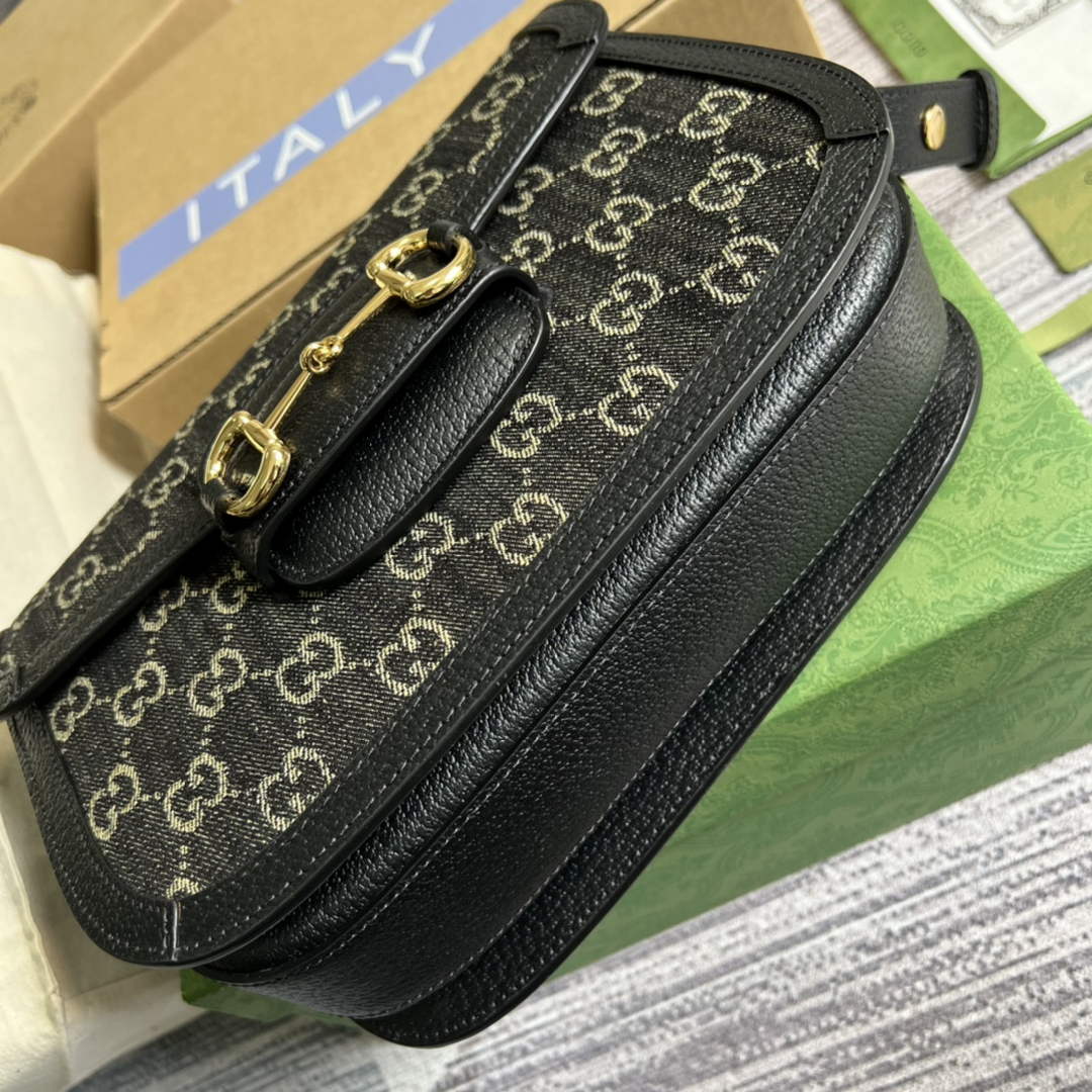 Gucci Horsebit 1955 shoulder bag 602204 Black and ivory GG denim jacquard | gucci 602204 horsebit 1955 shoulder bag black and ivory gg denim jacquard 06
