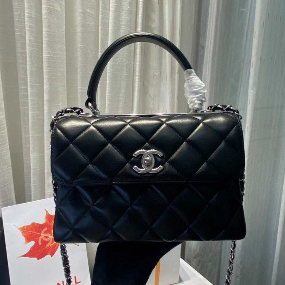 Chanel A92236 Flap Bag With Top Handle Lambskin & Sliver-Tone Metal Black | chanel a92236 flap bag with top handle lambskin gold tone metal 011