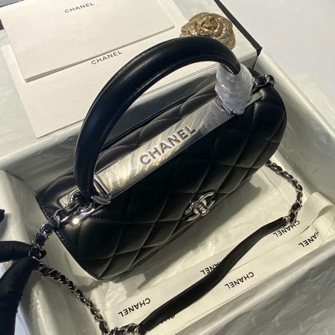 Chanel A92236 Flap Bag With Top Handle Lambskin & Sliver-Tone Metal Black | chanel a92236 flap bag with top handle lambskin gold tone metal 012