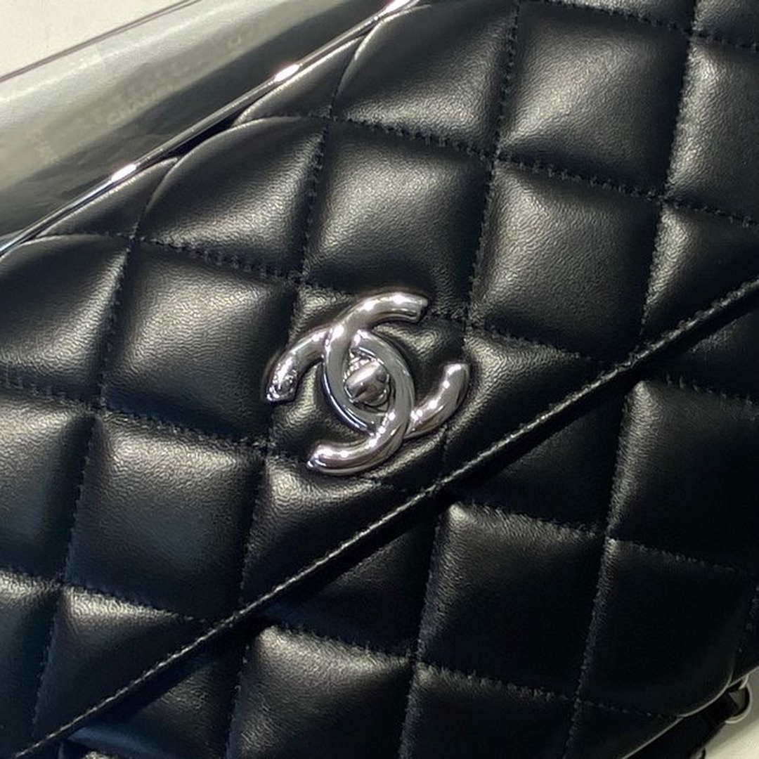 Chanel A92236 Flap Bag With Top Handle Lambskin & Sliver-Tone Metal Black | chanel a92236 flap bag with top handle lambskin gold tone metal 013