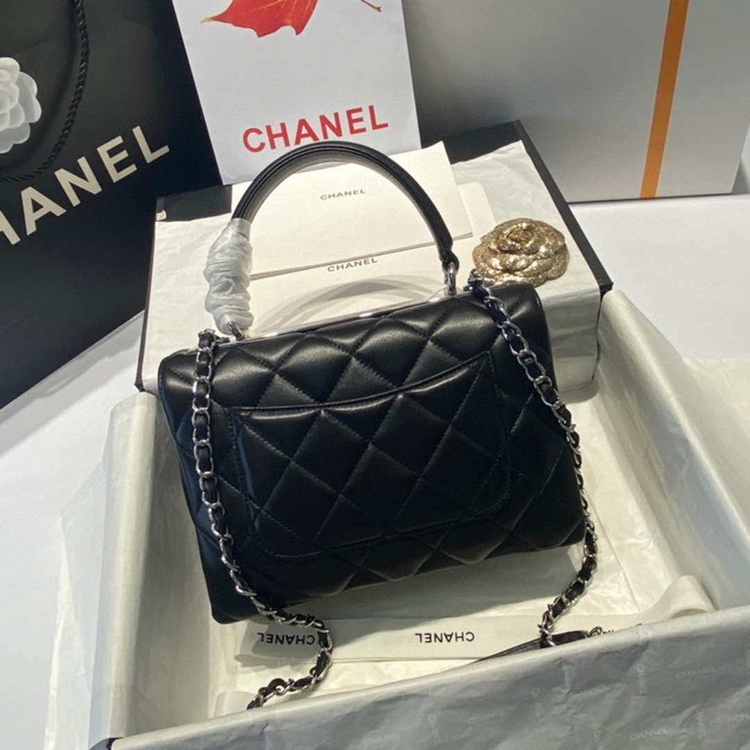 Chanel A92236 Flap Bag With Top Handle Lambskin & Sliver-Tone Metal Black | chanel a92236 flap bag with top handle lambskin gold tone metal 016
