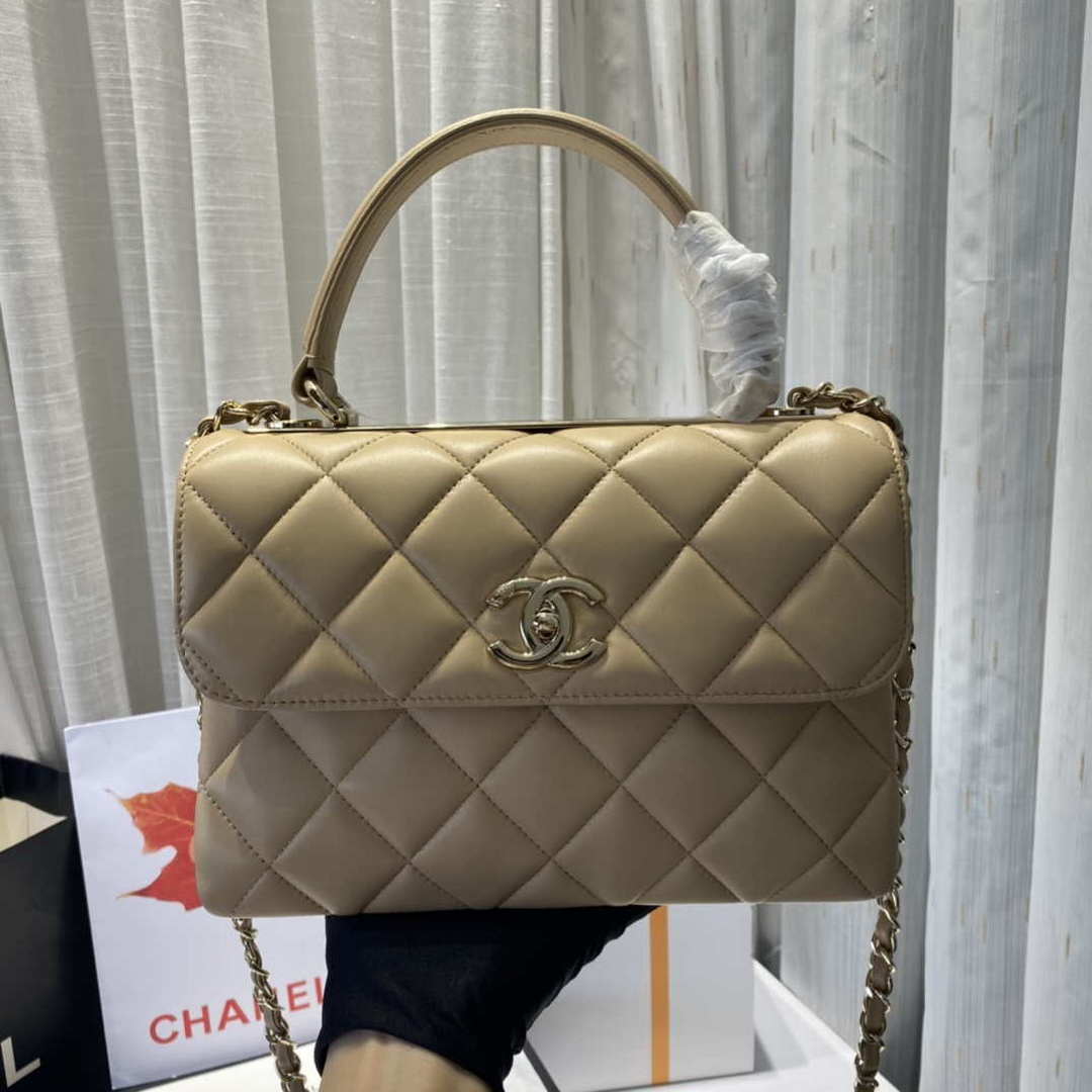 Chanel A92236 Flap Bag With Top Handle Lambskin & Gold-Tone Metal Apricot | chanel a92236 flap bag with top handle lambskin gold tone metal black 034