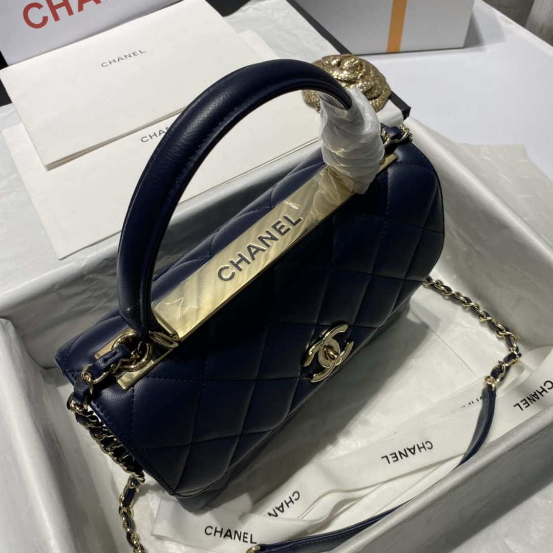 Chanel A92236 Flap Bag With Top Handle Lambskin & Gold-Tone Metal Navy Blue | chanel a92236 flap bag with top handle lambskin gold tone metal black 039