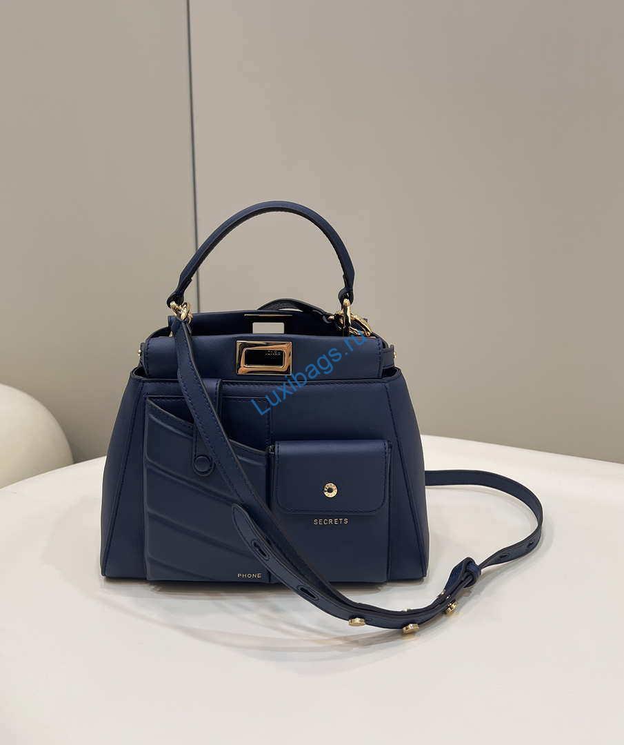 Fendi 8BN335 Peekaboo ISeeU Small Navy blue leather bag 2113s | fendi 8bn335 peekaboo iseeu small navy blue leather bag 002