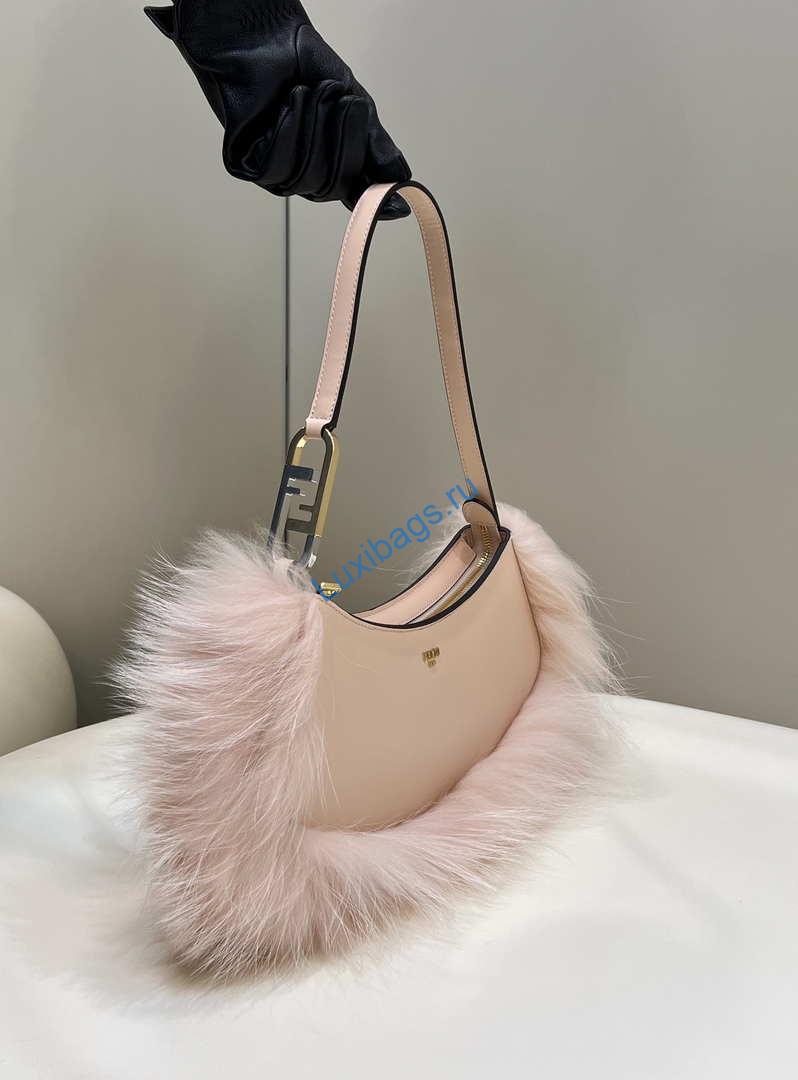 Fendi 8BS068ALS9F1IVT O’Lock Swing Pale pink leather and fox fur pouch 8573 | fendi 8bs068als9f1ivs o lock swing pale pink leather and fox fur pouch 8573 2