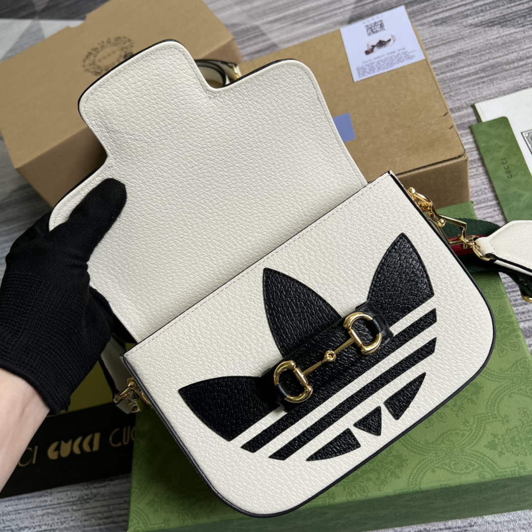 Adidas x Gucci 658574 Horsebit 1955 mini bag white and black leather | adidas x gucci 658574 horsebit 1955 mini bag 24