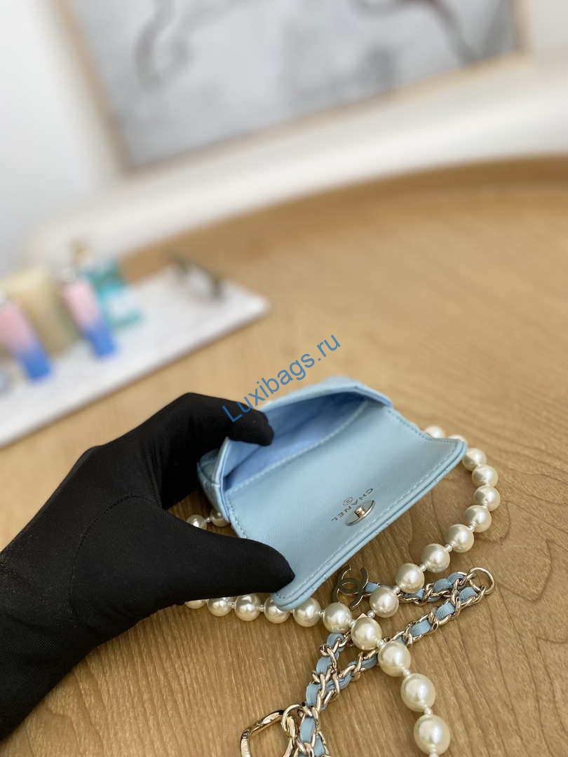 Chanel A81181 22 Spring/Summer Pearl chain belt bag Blue | chanel a81181 22 spring summer pearl chain belt bag blue 008