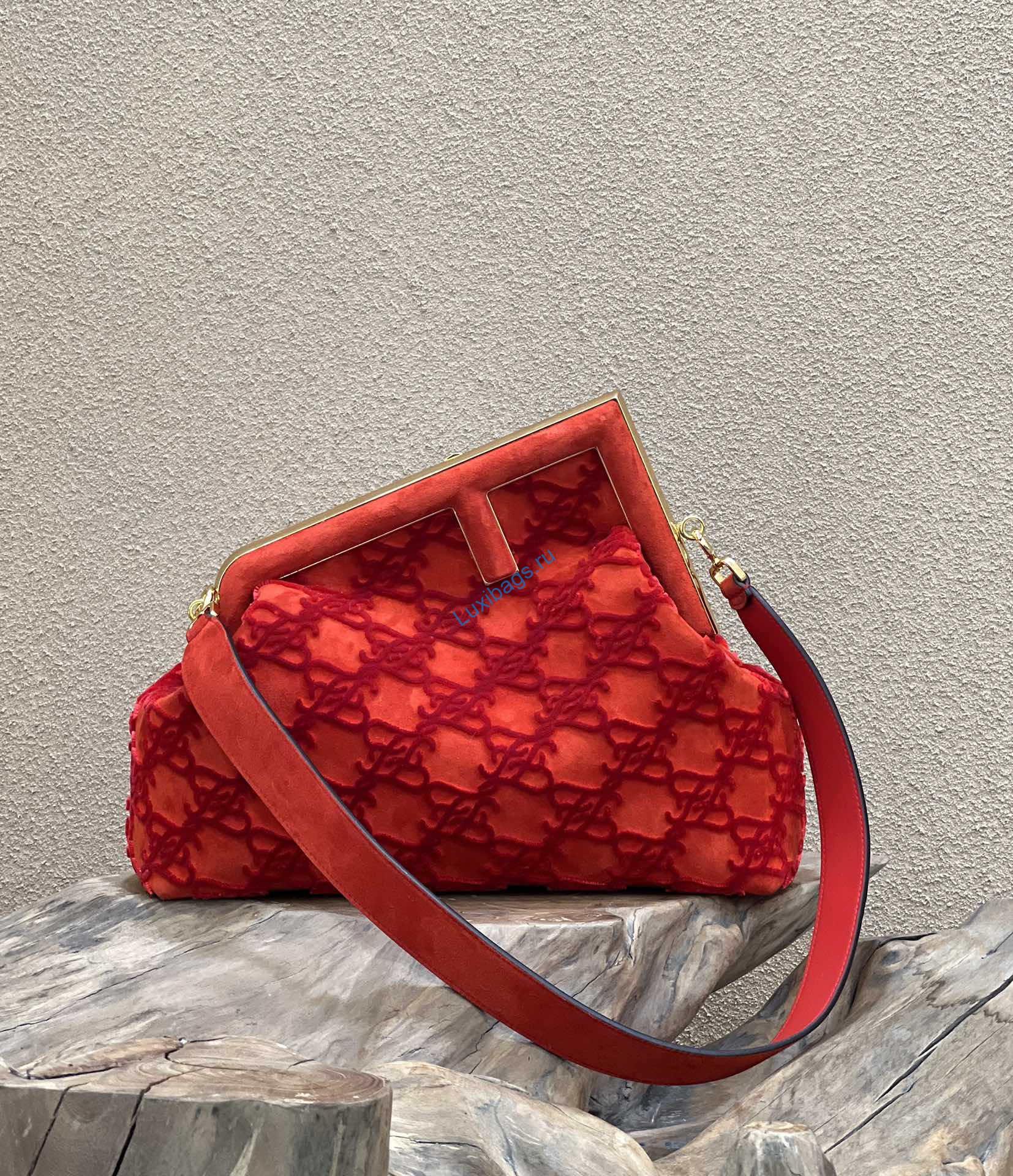 Fendi 8BP127 Fendi First Medium Red suede bag | fendi 8bp127 fendi first medium red suede bag 002