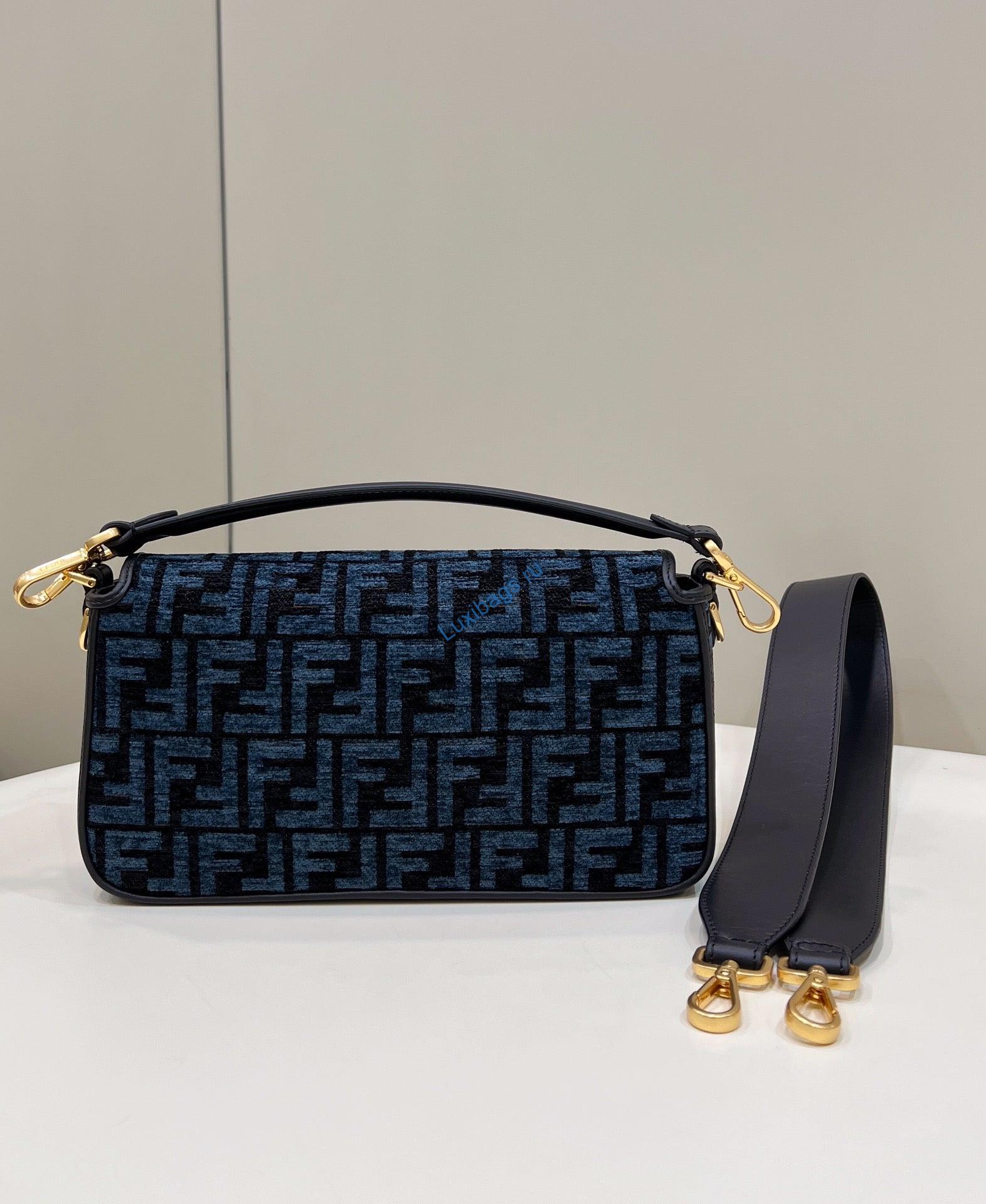 Fendi 8BR600 Baguette Chain Midi Navy Blue FF tapestry fabric bag 8579 | fendi 8br600 baguette chain midi navy blue ff tapestry fabric bag 8579 002