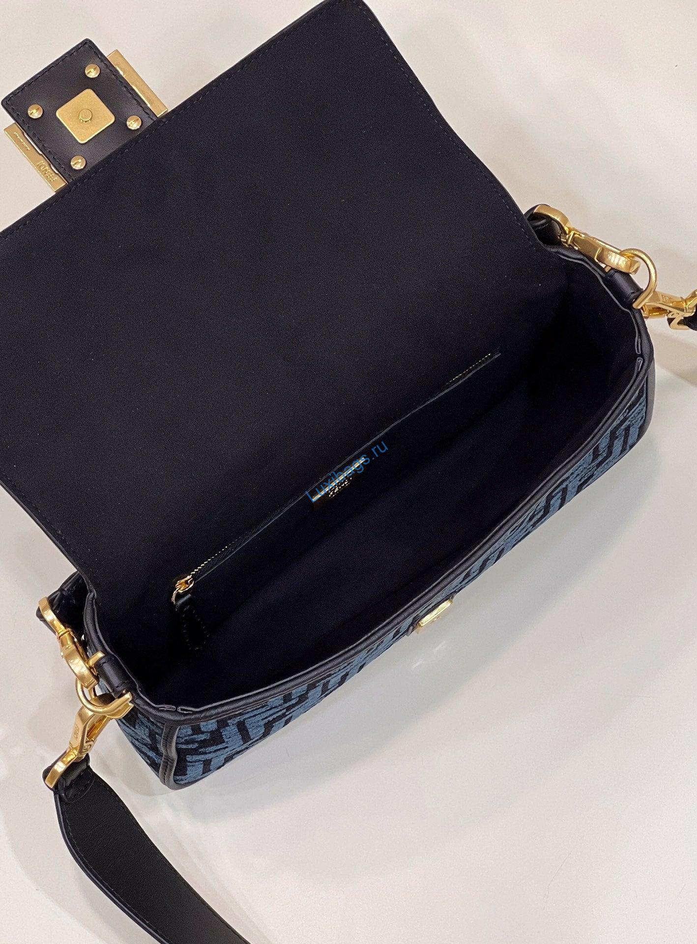 Fendi 8BR600 Baguette Chain Midi Navy Blue FF tapestry fabric bag 8579 | fendi 8br600 baguette chain midi navy blue ff tapestry fabric bag 8579 009