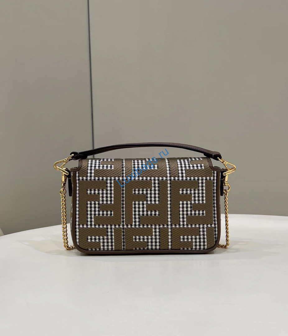 Fendi 8BS017 Mini Baguette Brown houndstooth wool bag with FF embroidery 8588S | fendi 8bs017 mini baguette brown houndstooth wool bag with ff embroidery 002