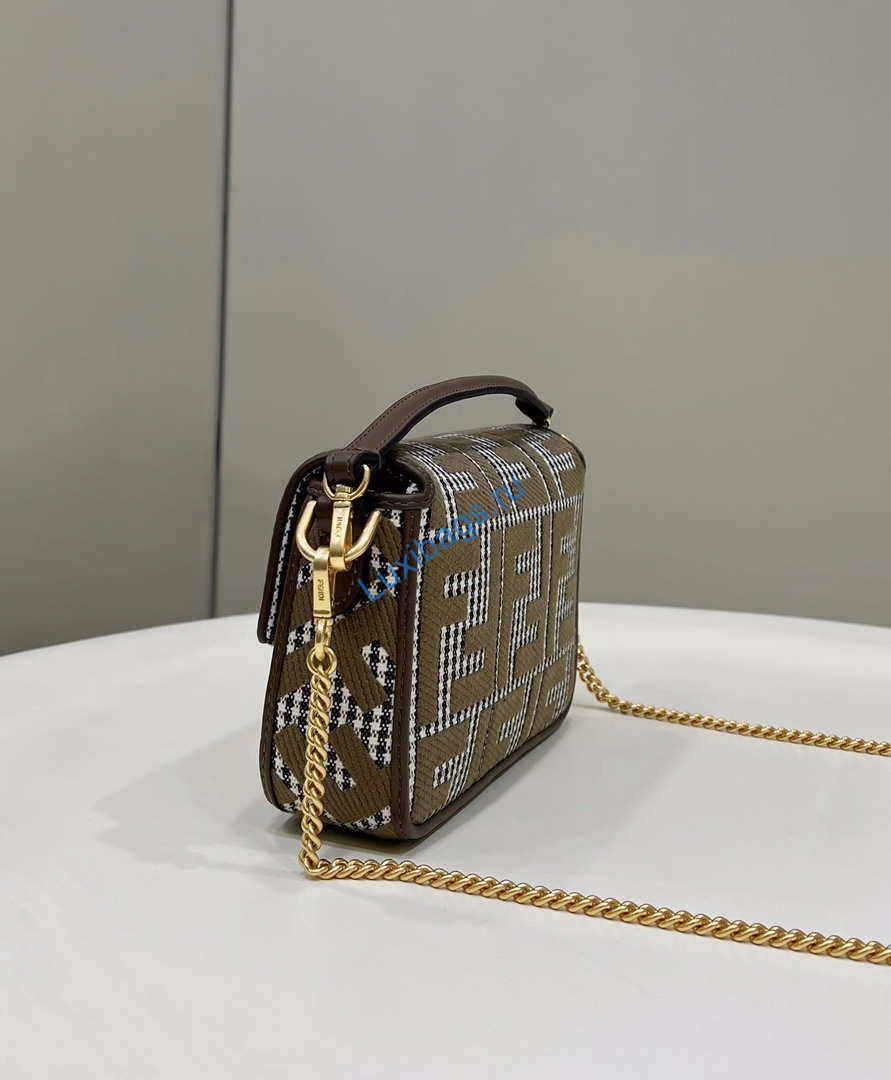 Fendi 8BS017 Mini Baguette Brown houndstooth wool bag with FF embroidery 8588S | fendi 8bs017 mini baguette brown houndstooth wool bag with ff embroidery 003