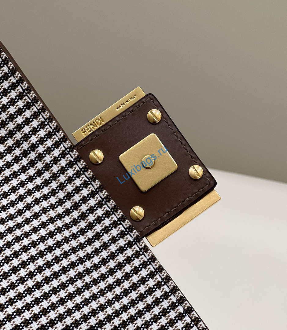 Fendi 8BS017 Mini Baguette Brown houndstooth wool bag with FF embroidery 8588S | fendi 8bs017 mini baguette brown houndstooth wool bag with ff embroidery 005