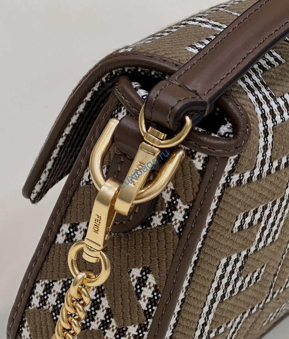 Fendi 8BS017 Mini Baguette Brown houndstooth wool bag with FF embroidery 8588S | fendi 8bs017 mini baguette brown houndstooth wool bag with ff embroidery 006
