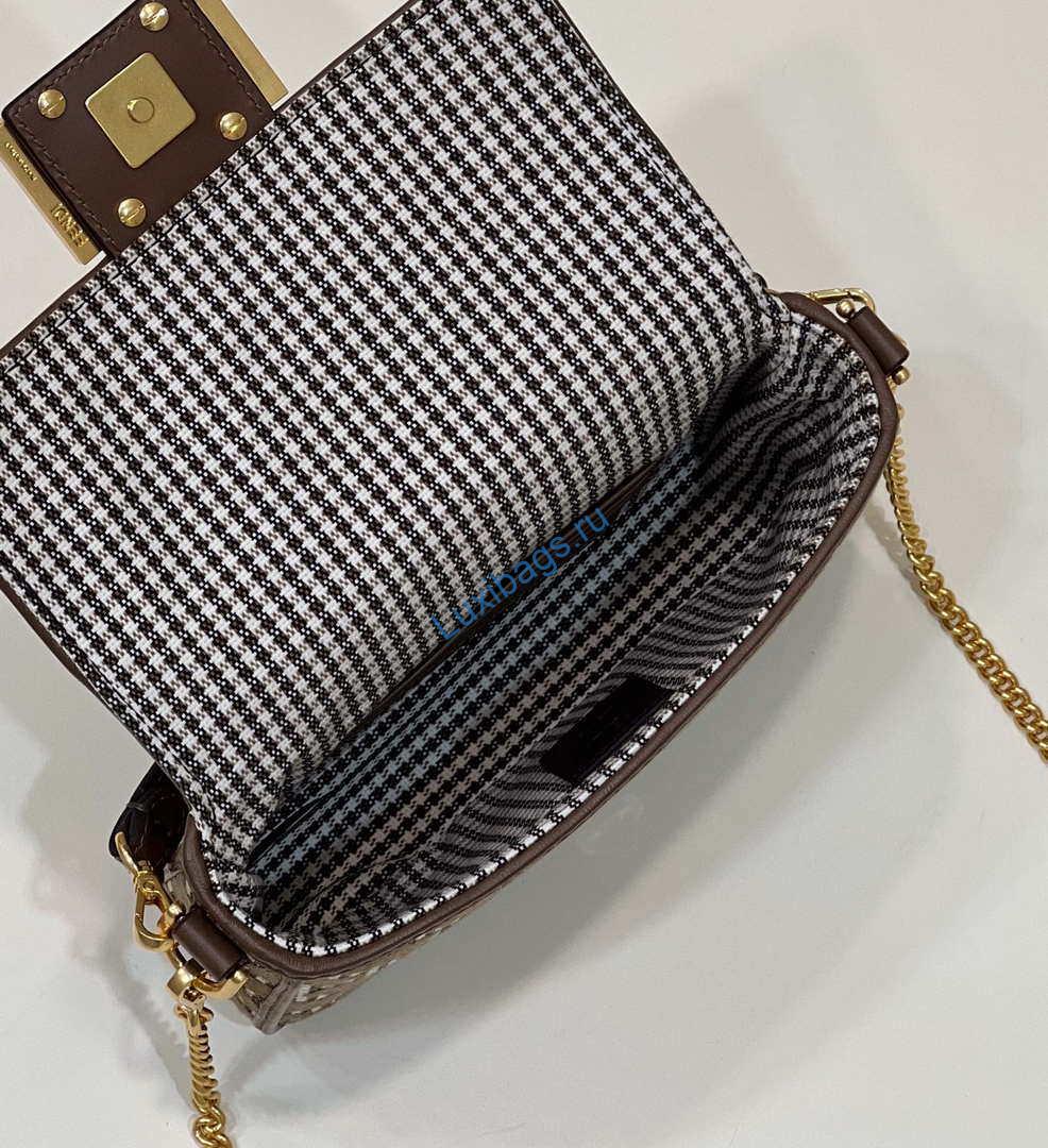 Fendi 8BS017 Mini Baguette Brown houndstooth wool bag with FF embroidery 8588S | fendi 8bs017 mini baguette brown houndstooth wool bag with ff embroidery 009