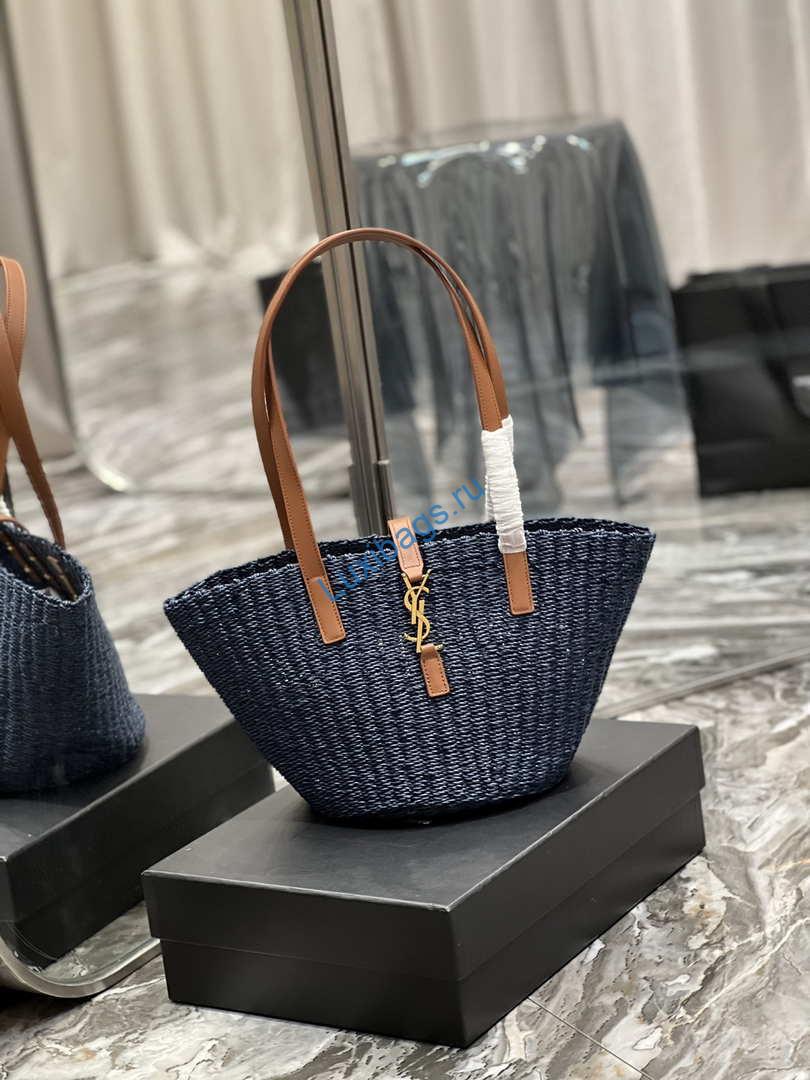 Saint Laurent 685618 YSL Panier Medium Bag In Raffia Navy Blue | saint laurent 688221 ysl panier medium bag in raffia navy blue 002