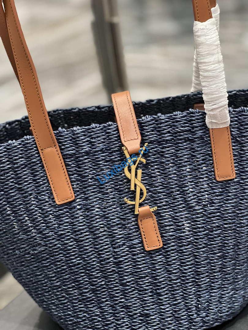 Saint Laurent 685618 YSL Panier Medium Bag In Raffia Navy Blue | saint laurent 688221 ysl panier medium bag in raffia navy blue 004