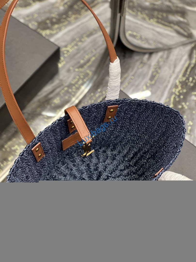 Saint Laurent 685618 YSL Panier Medium Bag In Raffia Navy Blue | saint laurent 688221 ysl panier medium bag in raffia navy blue 006