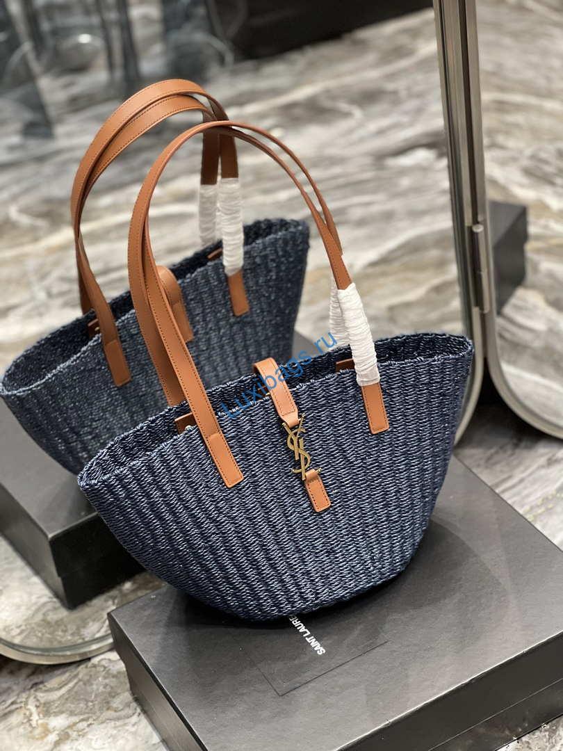 Saint Laurent 685618 YSL Panier Medium Bag In Raffia Navy Blue | saint laurent 688221 ysl panier medium bag in raffia navy blue 008