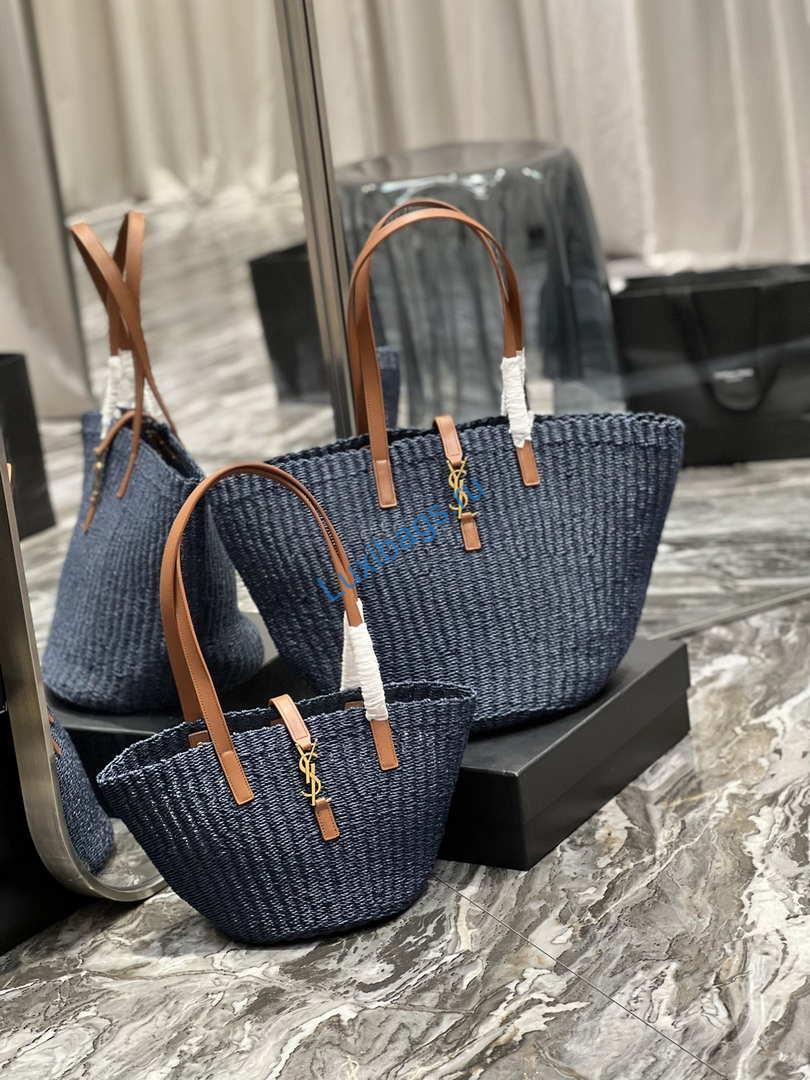 Saint Laurent 685618 YSL Panier Medium Bag In Raffia Navy Blue | saint laurent 688221 ysl panier medium bag in raffia navy blue 010