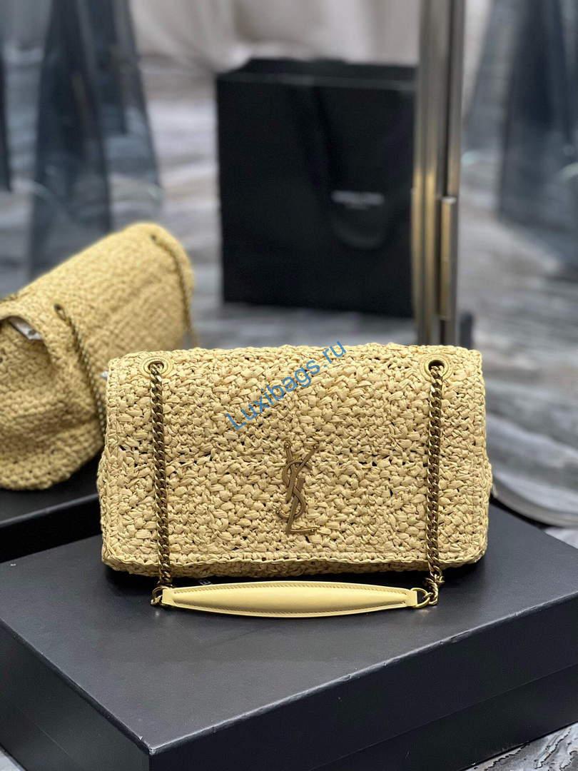 YSL 515821 Jamie Leather-Trimmed Raffia Shoulder Bag Apricot | ysl 515821 jamie leather trimmed raffia shoulder bag 003