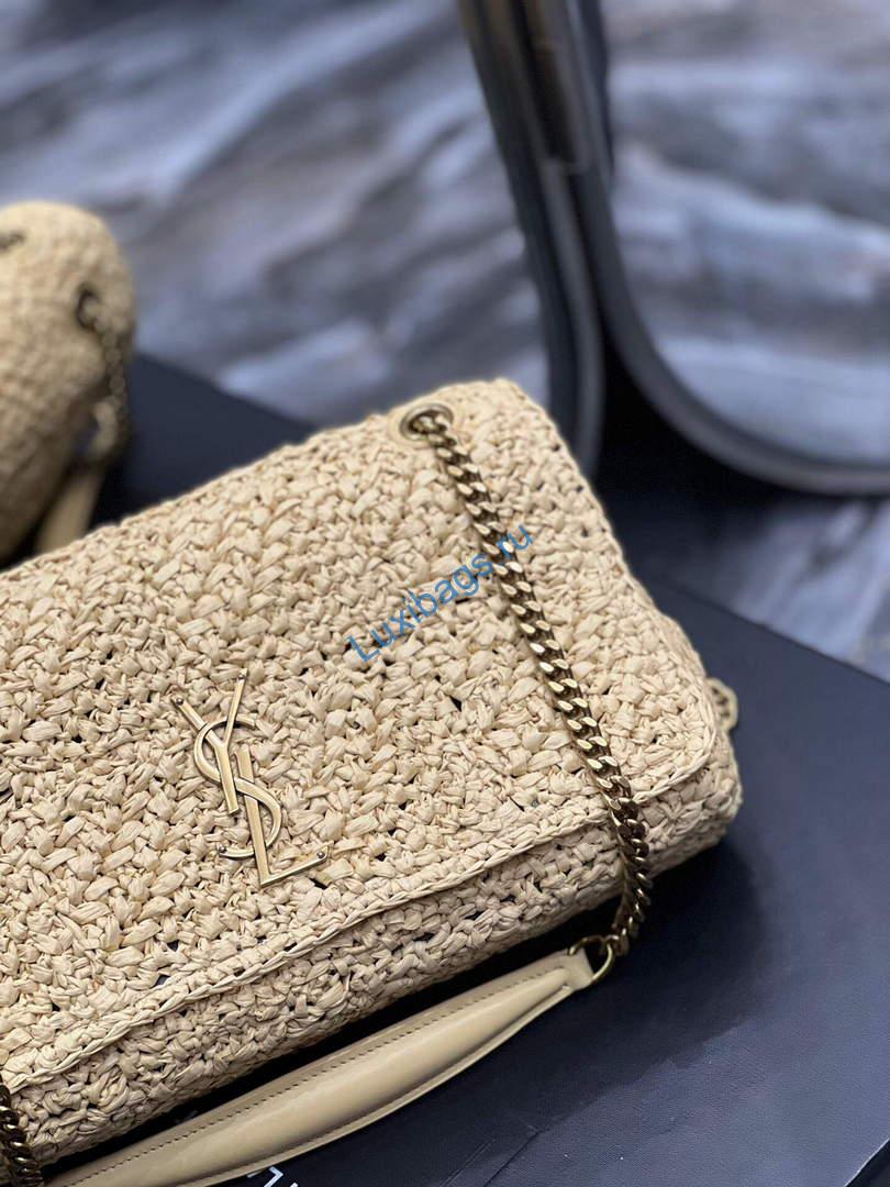 YSL 515821 Jamie Leather-Trimmed Raffia Shoulder Bag Apricot | ysl 515821 jamie leather trimmed raffia shoulder bag 004