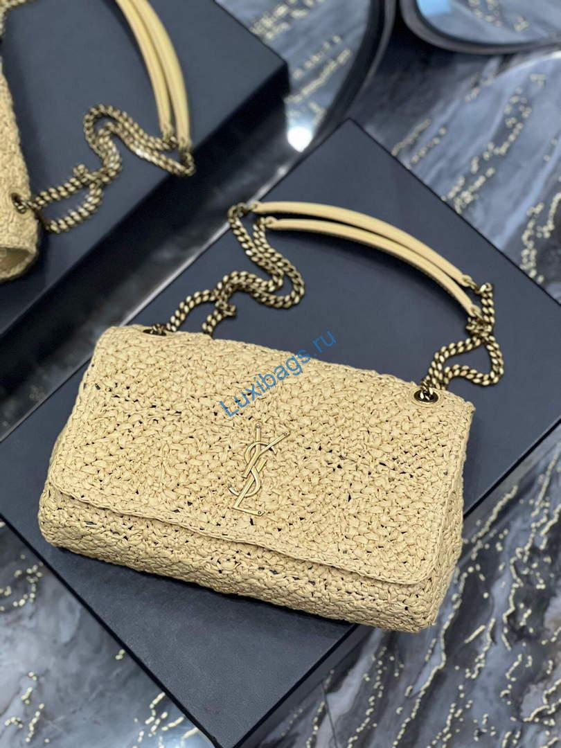 YSL 515821 Jamie Leather-Trimmed Raffia Shoulder Bag Apricot | ysl 515821 jamie leather trimmed raffia shoulder bag 006