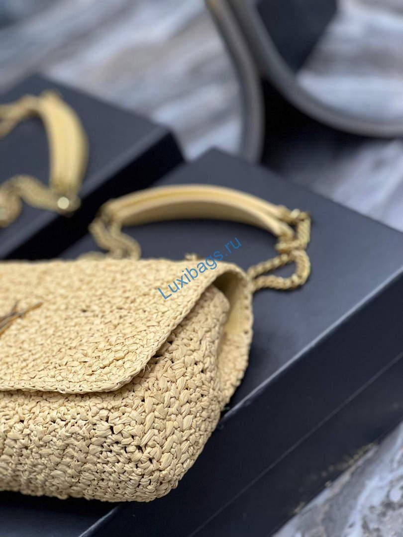 YSL 515821 Jamie Leather-Trimmed Raffia Shoulder Bag Apricot | ysl 515821 jamie leather trimmed raffia shoulder bag 007