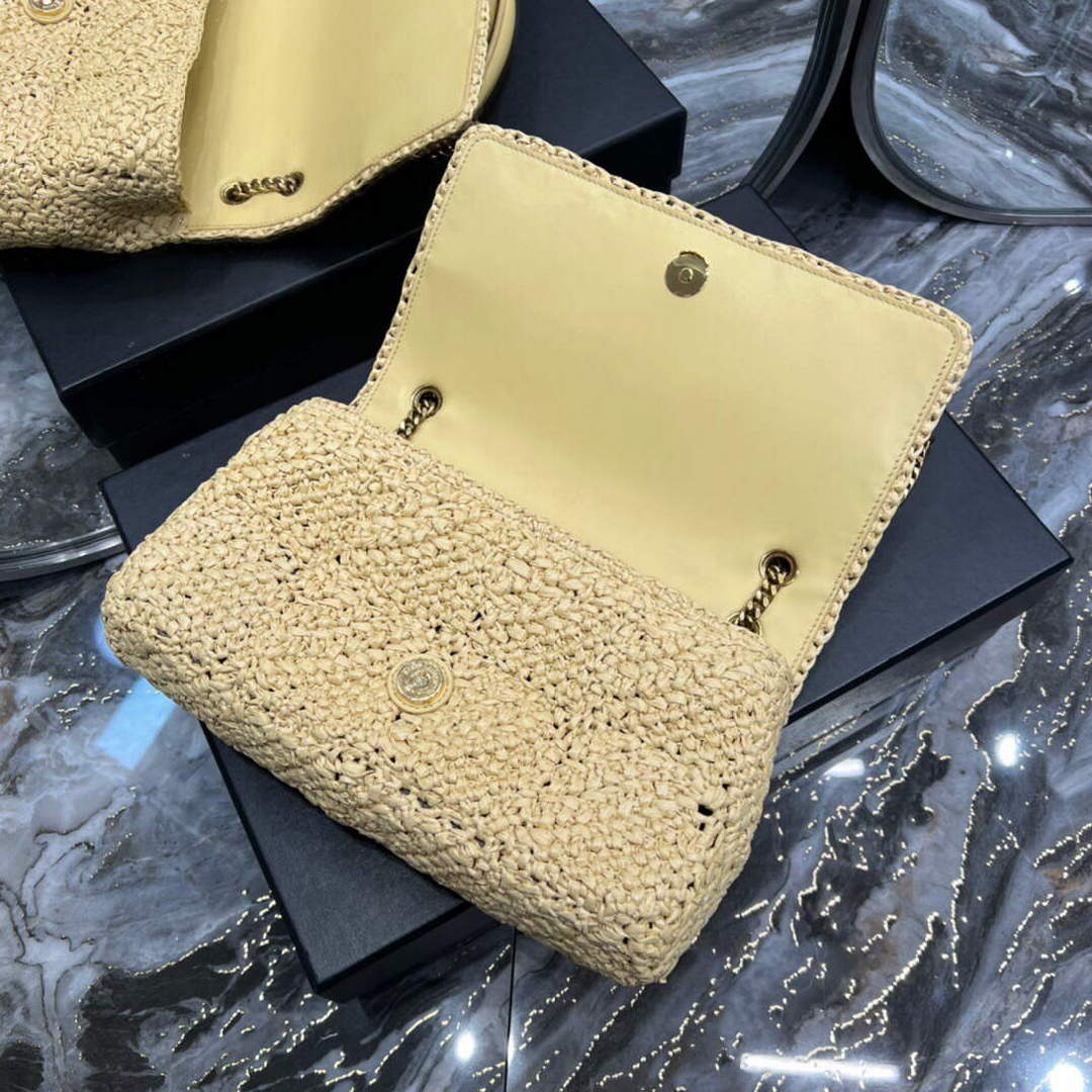 YSL 515821 Jamie Leather-Trimmed Raffia Shoulder Bag Apricot | ysl 515821 jamie leather trimmed raffia shoulder bag 008