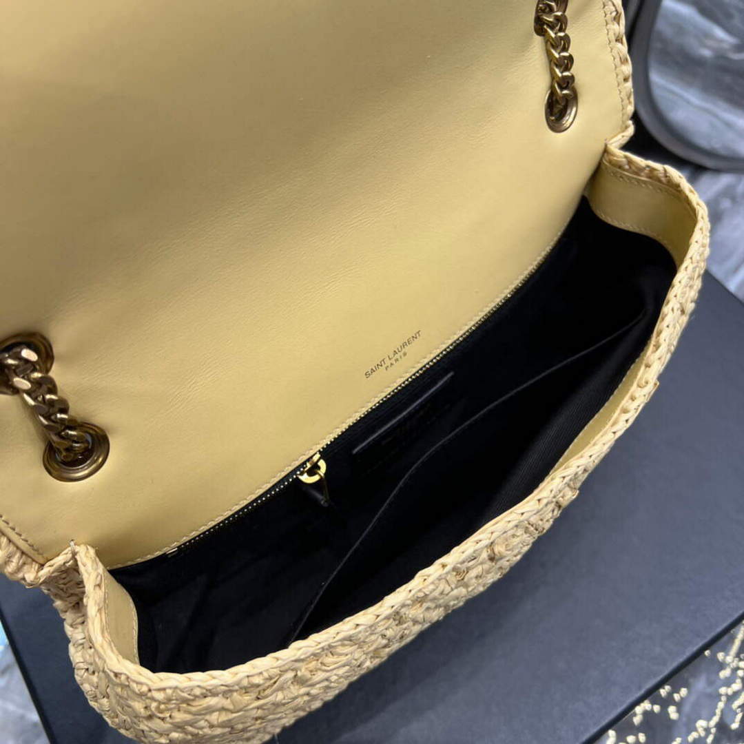 YSL 515821 Jamie Leather-Trimmed Raffia Shoulder Bag Apricot | ysl 515821 jamie leather trimmed raffia shoulder bag 009