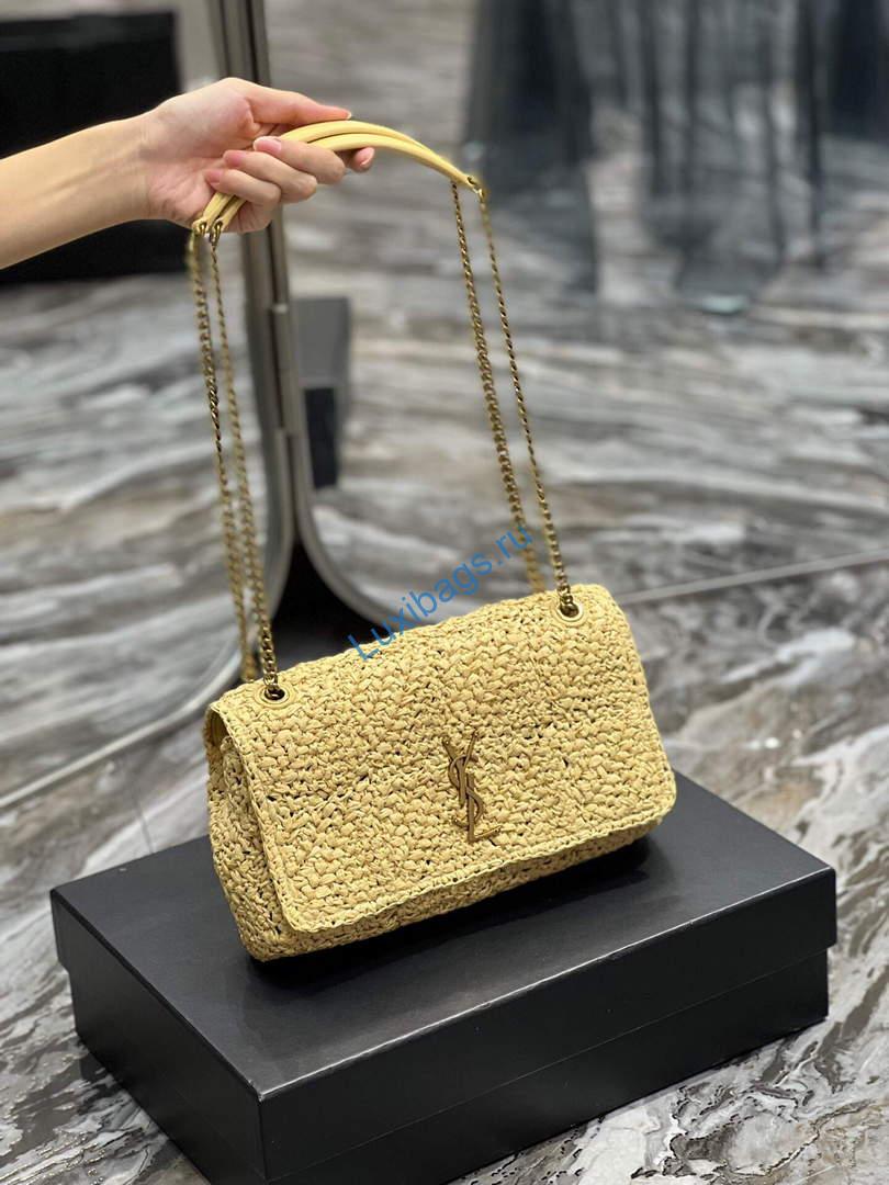 YSL 515821 Jamie Leather-Trimmed Raffia Shoulder Bag Apricot | ysl 515821 jamie leather trimmed raffia shoulder bag 010