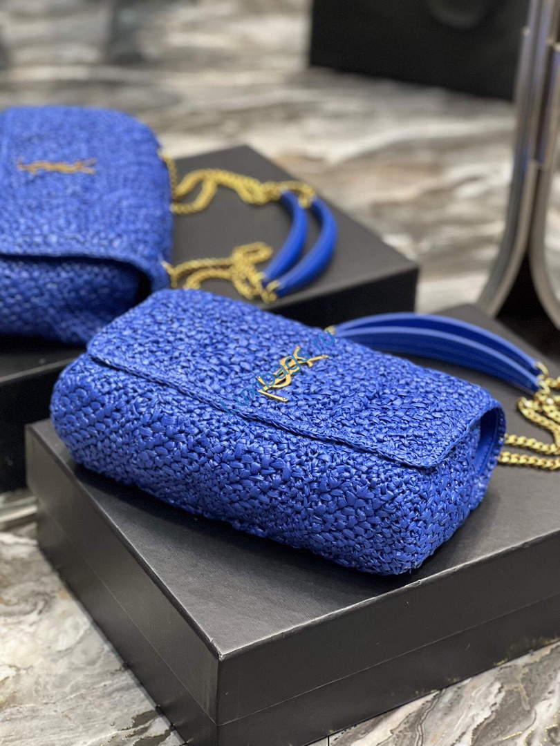 YSL 515821 Jamie Leather-Trimmed Raffia Shoulder Bag Blue | ysl 515821 jamie leather trimmed raffia shoulder bag 042