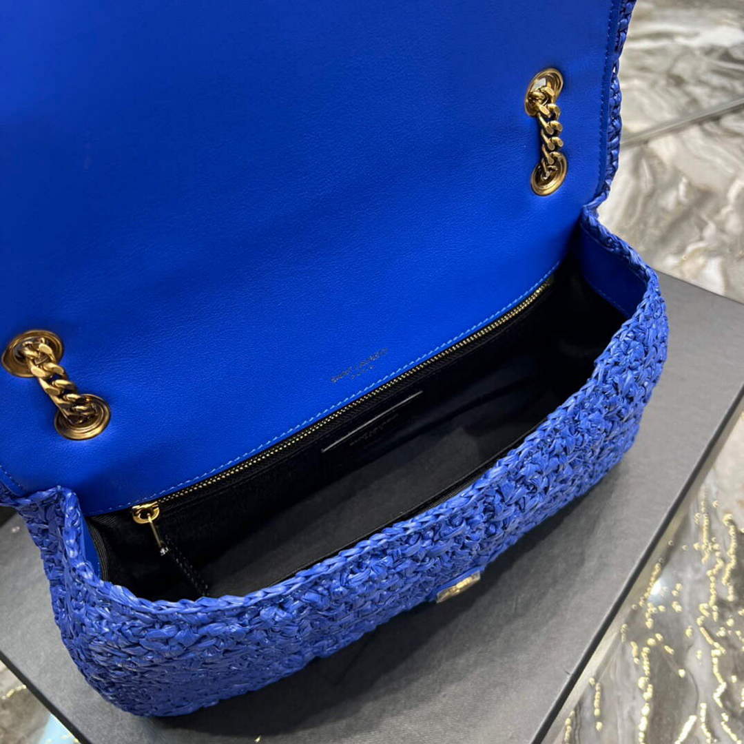 YSL 515821 Jamie Leather-Trimmed Raffia Shoulder Bag Blue | ysl 515821 jamie leather trimmed raffia shoulder bag 045