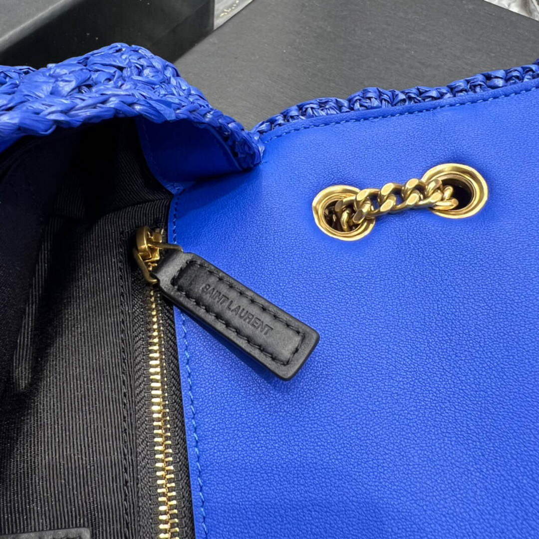 YSL 515821 Jamie Leather-Trimmed Raffia Shoulder Bag Blue | ysl 515821 jamie leather trimmed raffia shoulder bag 052