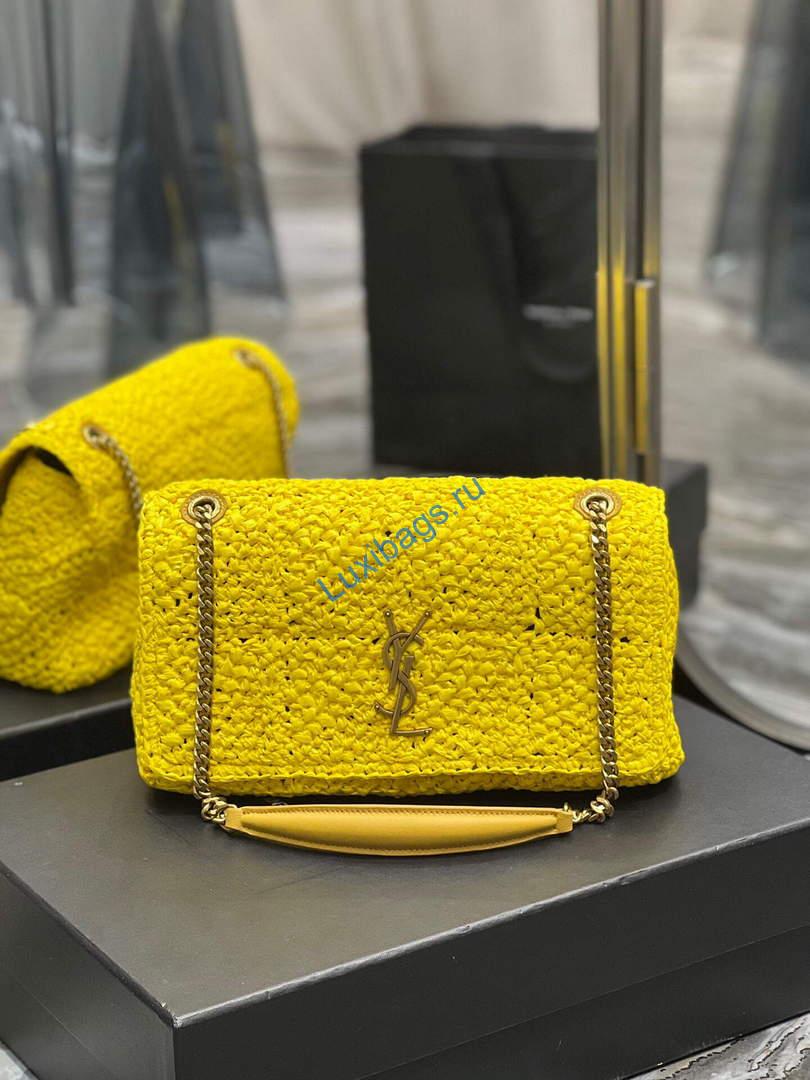 YSL 515821 Jamie Leather-Trimmed Raffia Shoulder Bag Yellow | ysl 515821 jamie leather trimmed raffia shoulder bag 056
