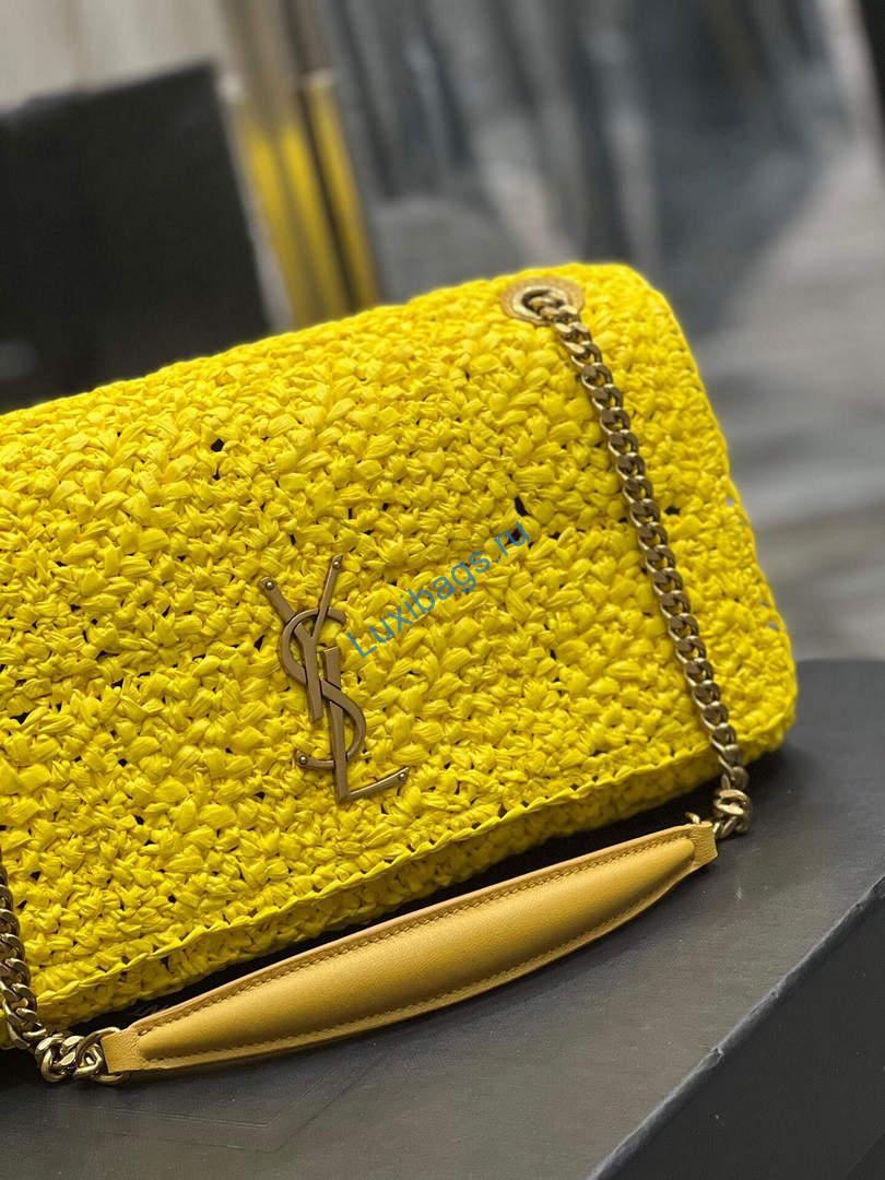 YSL 515821 Jamie Leather-Trimmed Raffia Shoulder Bag Yellow | ysl 515821 jamie leather trimmed raffia shoulder bag 057