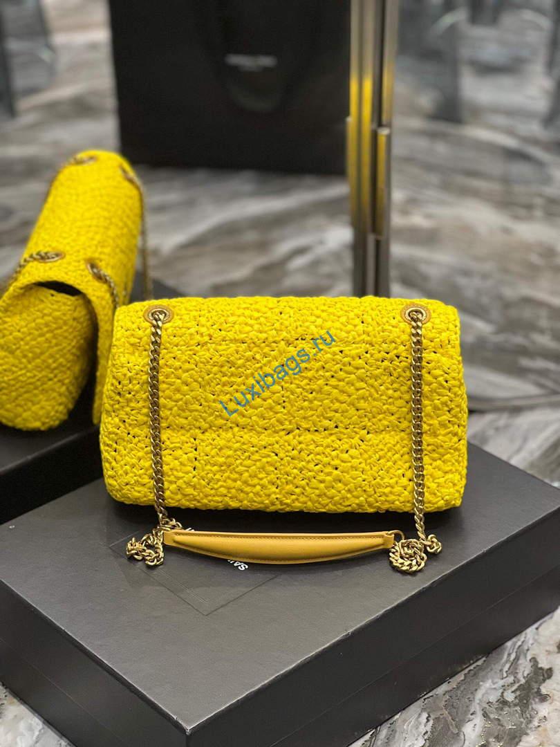 YSL 515821 Jamie Leather-Trimmed Raffia Shoulder Bag Yellow | ysl 515821 jamie leather trimmed raffia shoulder bag 060