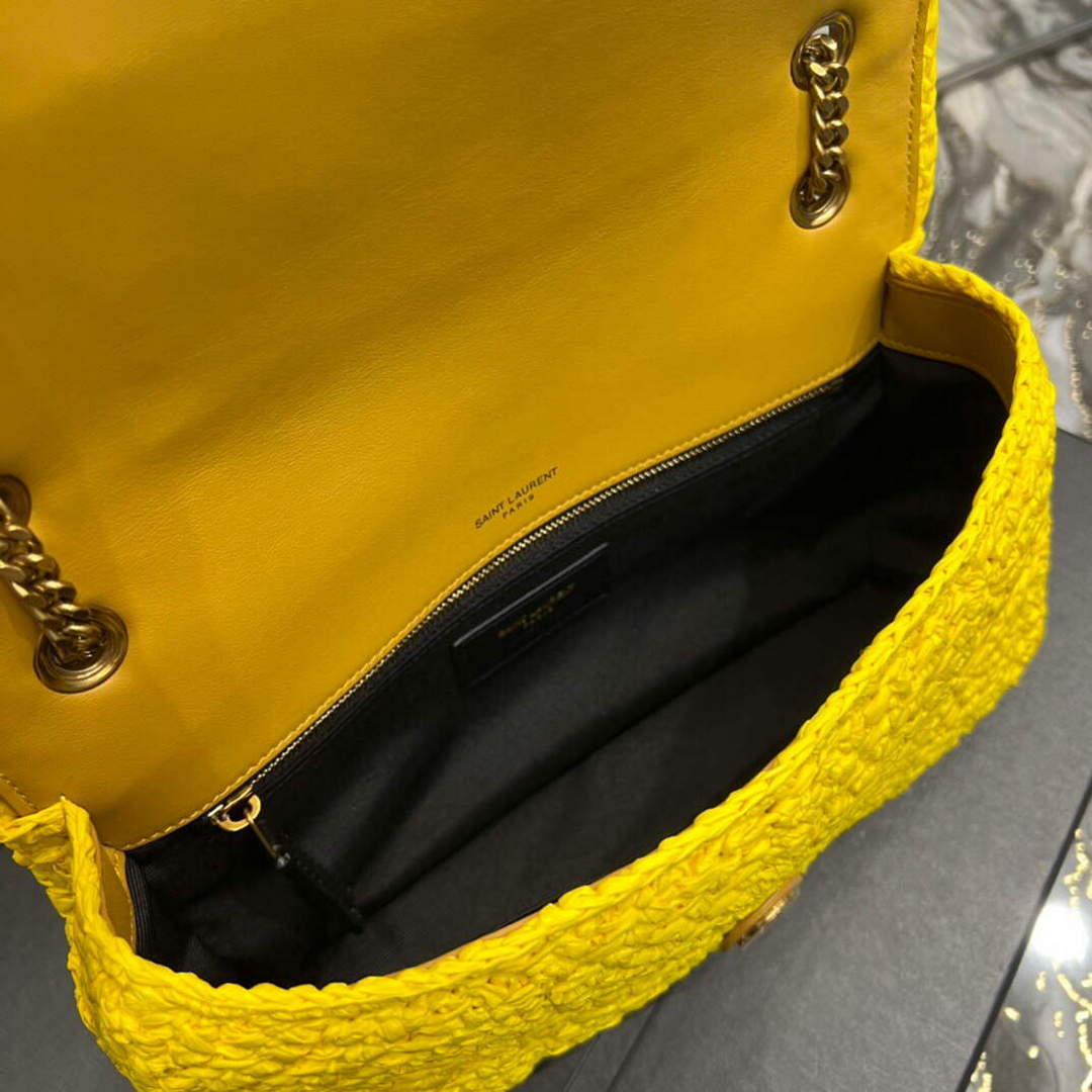 YSL 515821 Jamie Leather-Trimmed Raffia Shoulder Bag Yellow | ysl 515821 jamie leather trimmed raffia shoulder bag 063
