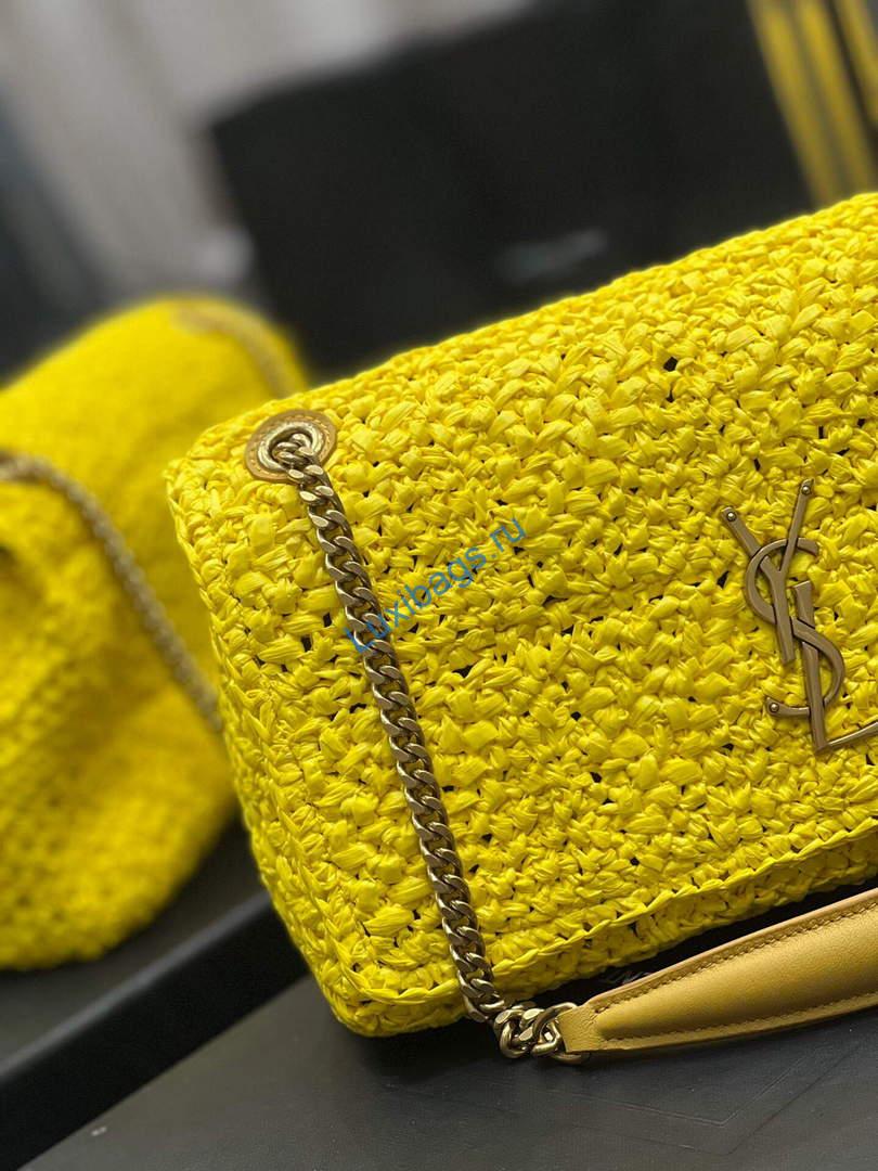 YSL 515821 Jamie Leather-Trimmed Raffia Shoulder Bag Yellow | ysl 515821 jamie leather trimmed raffia shoulder bag 064