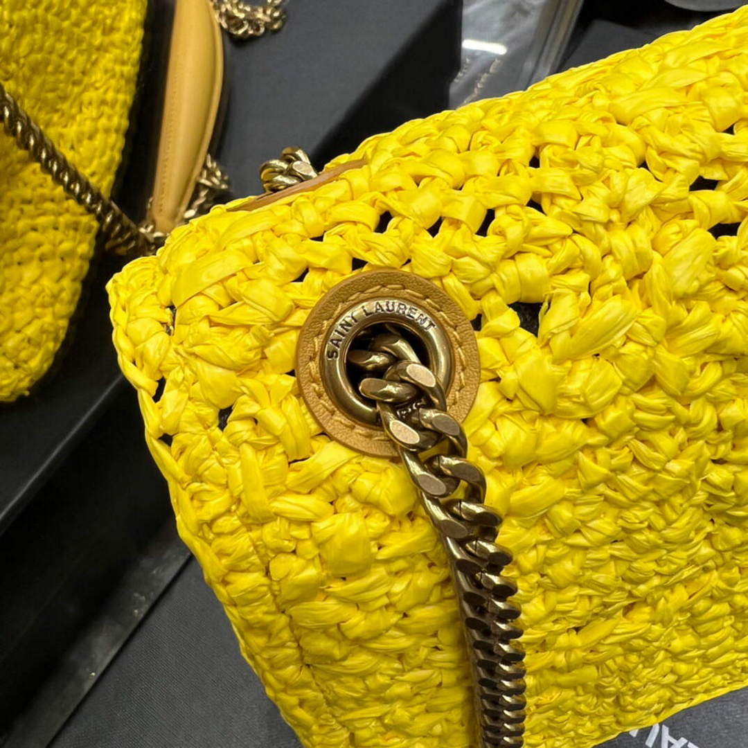 YSL 515821 Jamie Leather-Trimmed Raffia Shoulder Bag Yellow | ysl 515821 jamie leather trimmed raffia shoulder bag 065