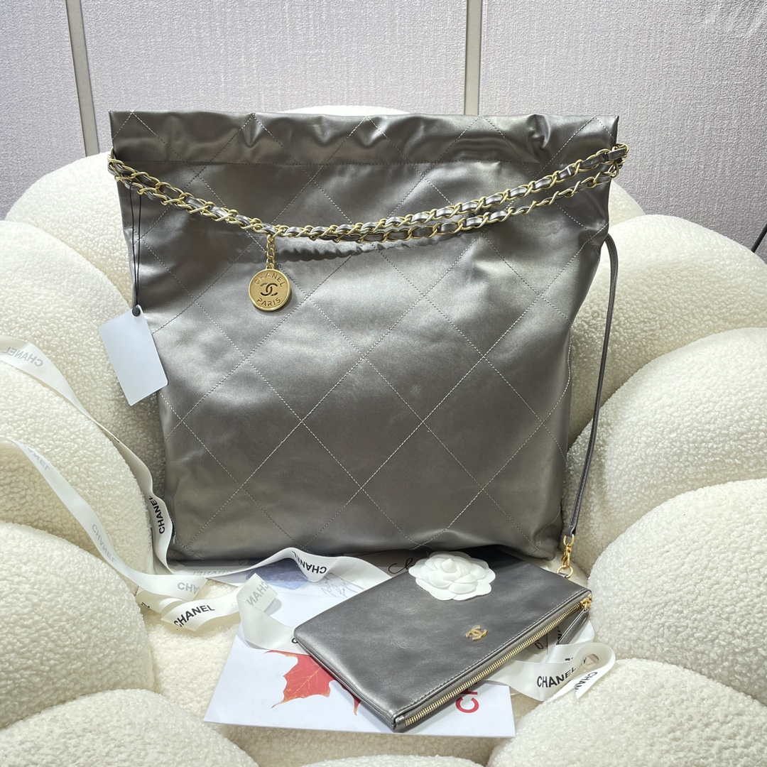 Chanel 22 Large Handbag Shiny Calfskin AS3262 Gray Silver | chanel 22 large handbag shiny calfskin as3262 silver grey 002