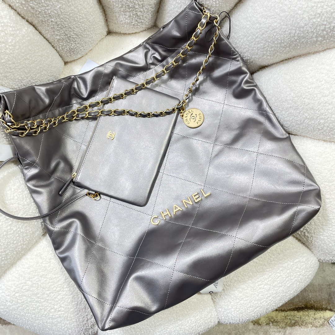 Chanel 22 Large Handbag Shiny Calfskin AS3262 Gray Silver | chanel 22 large handbag shiny calfskin as3262 silver grey 004