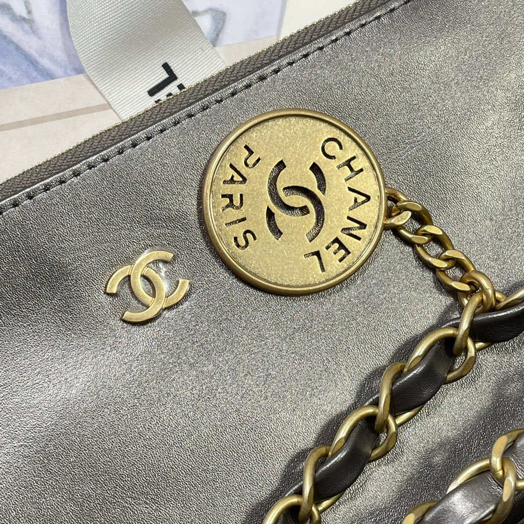 Chanel 22 Large Handbag Shiny Calfskin AS3262 Gray Silver | chanel 22 large handbag shiny calfskin as3262 silver grey 006