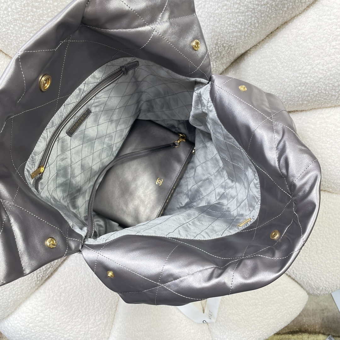 Chanel 22 Large Handbag Shiny Calfskin AS3262 Gray Silver | chanel 22 large handbag shiny calfskin as3262 silver grey 007