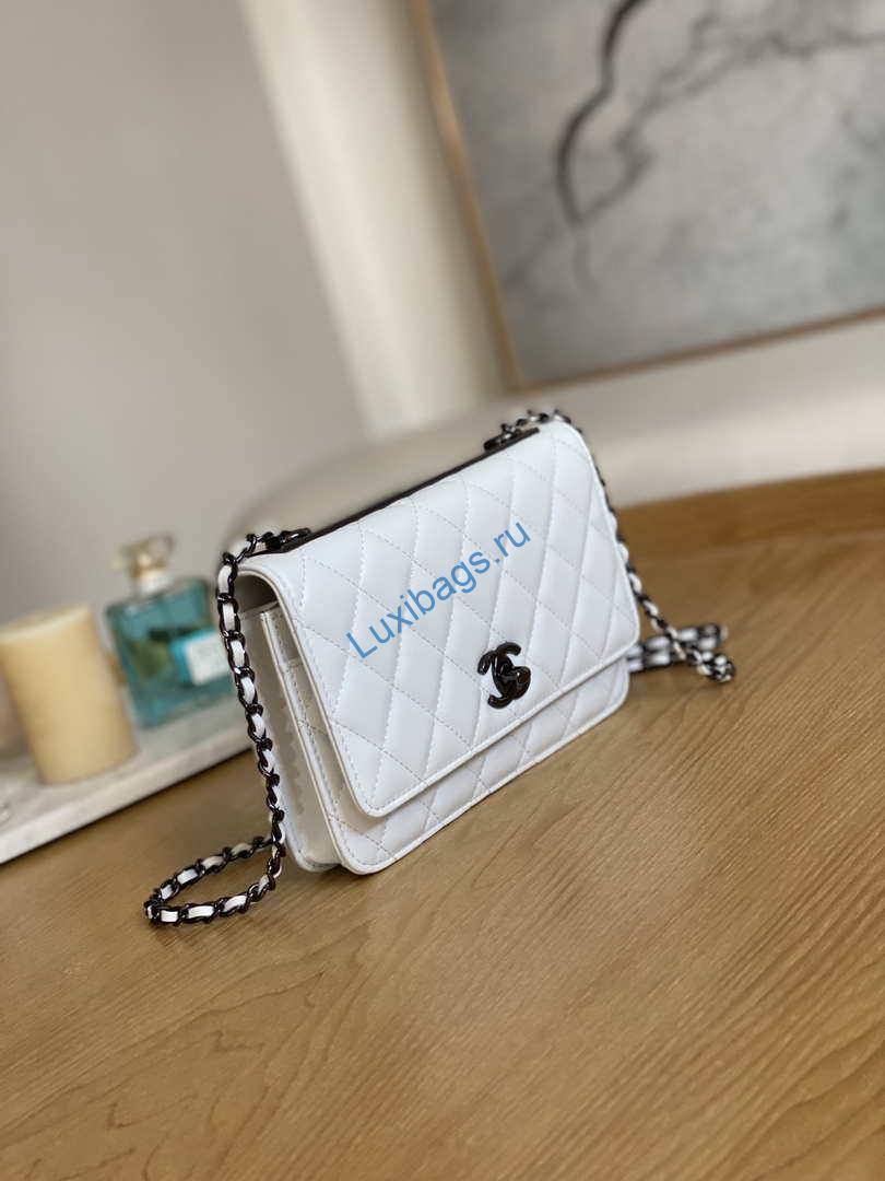 Chanel A88632 WOC 19 Chain Wallet Bag White Lambskin with black havdware | chanel a88632 woc 19 chain wallet bag lambskin white 003