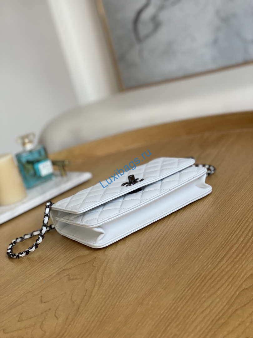 Chanel A88632 WOC 19 Chain Wallet Bag White Lambskin with black havdware | chanel a88632 woc 19 chain wallet bag lambskin white 007
