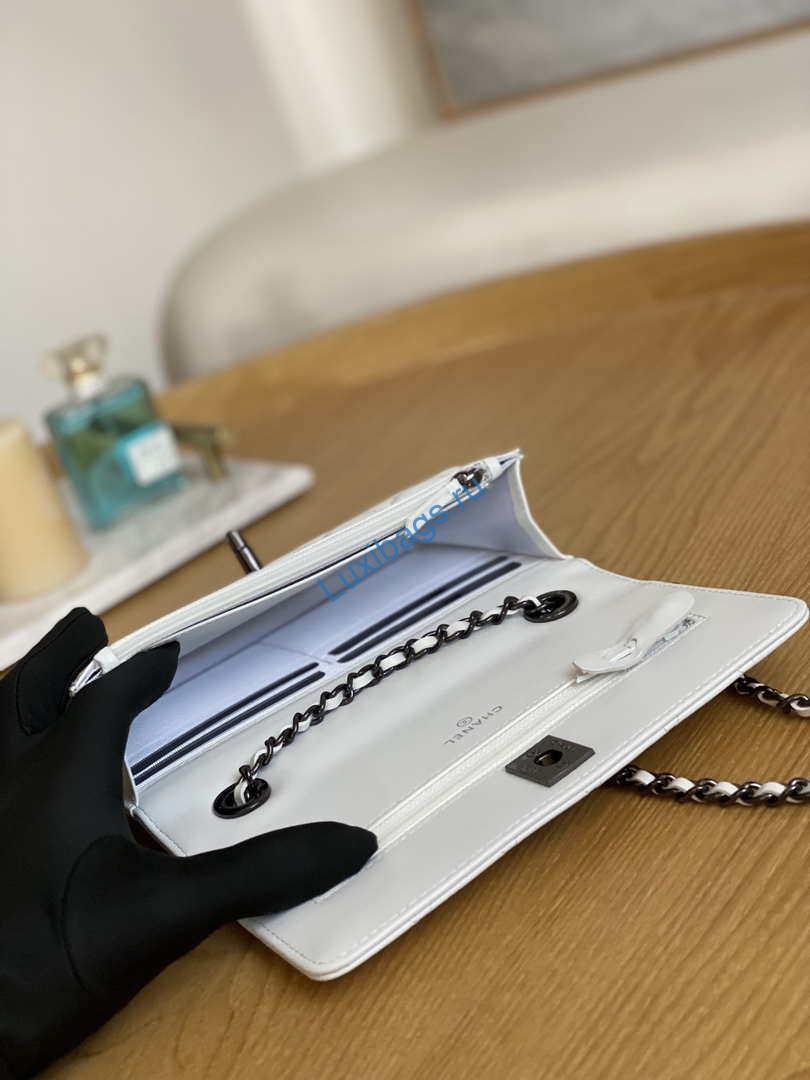 Chanel A88632 WOC 19 Chain Wallet Bag White Lambskin with black havdware | chanel a88632 woc 19 chain wallet bag lambskin white 009