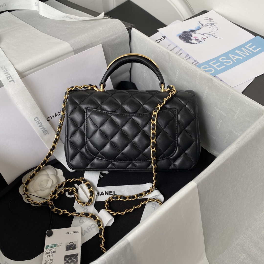 Chanel AS2431 Mini flap Black Lambskin bag with top handle Gold | chanel as2431 mini flap black lambskin bag with top handle gold 002