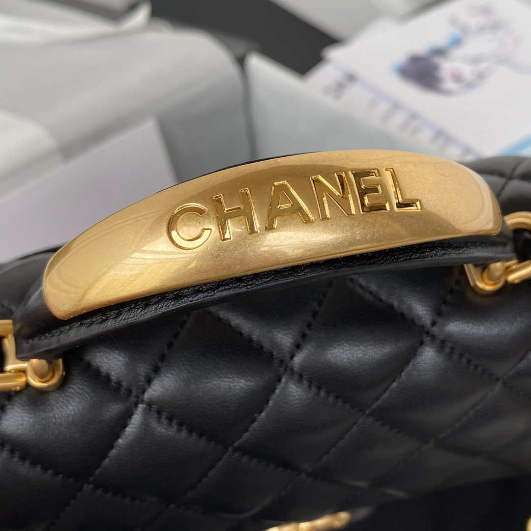 Chanel AS2431 Mini flap Black Lambskin bag with top handle Gold | chanel as2431 mini flap black lambskin bag with top handle gold 004